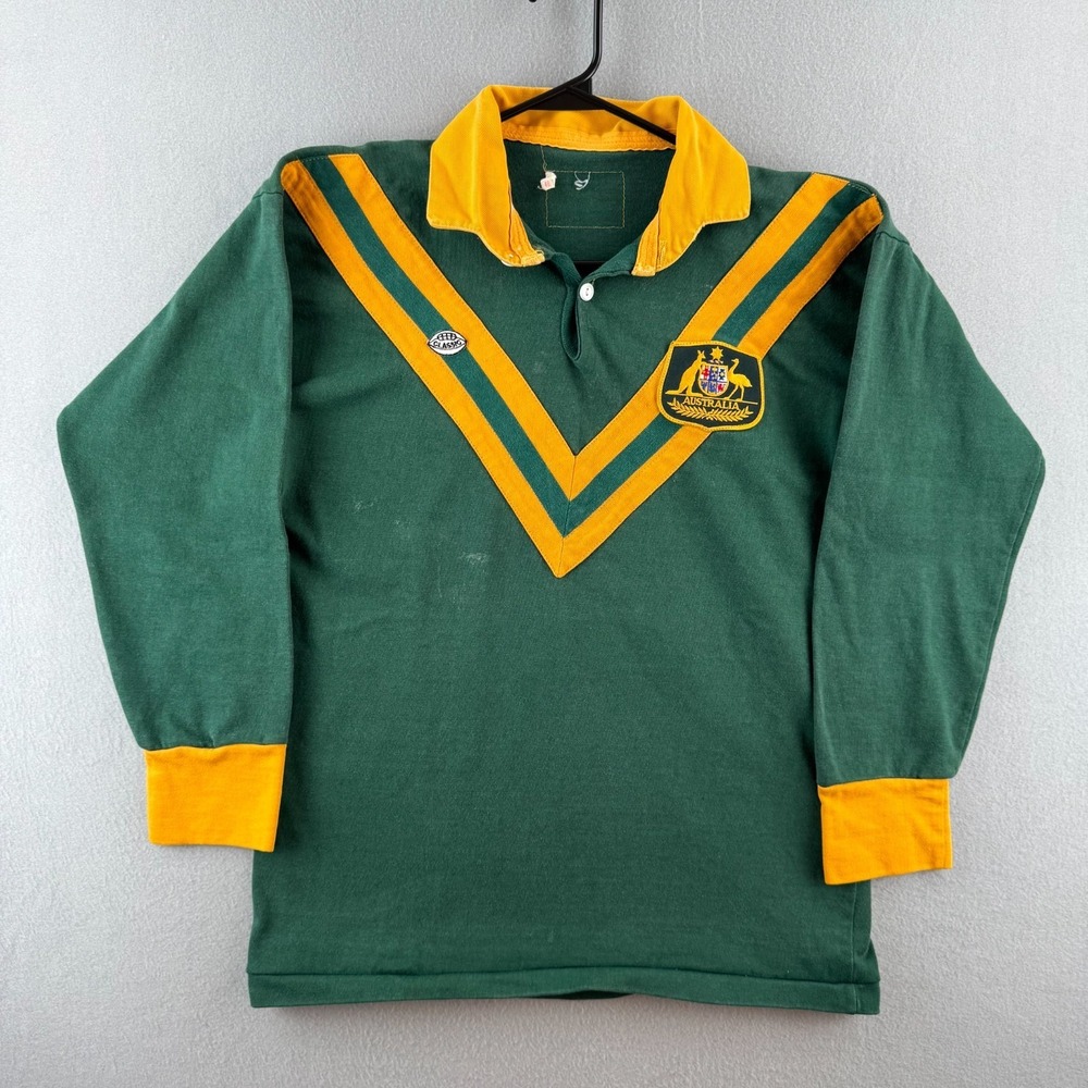 Vintage Australia Wallabies Rugby Jerey Mens 40 Green Long Sleeve Cotton 70s 80s